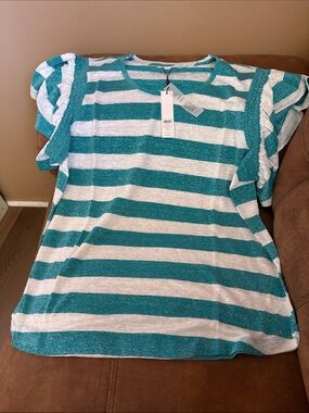 Chico's Teal and White Striped Short Sleeve Ruffle Top